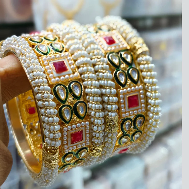 layered chain ladies bracelet-Kavita Art Gold Plated Kundan Stone And Pearls Bangles Set