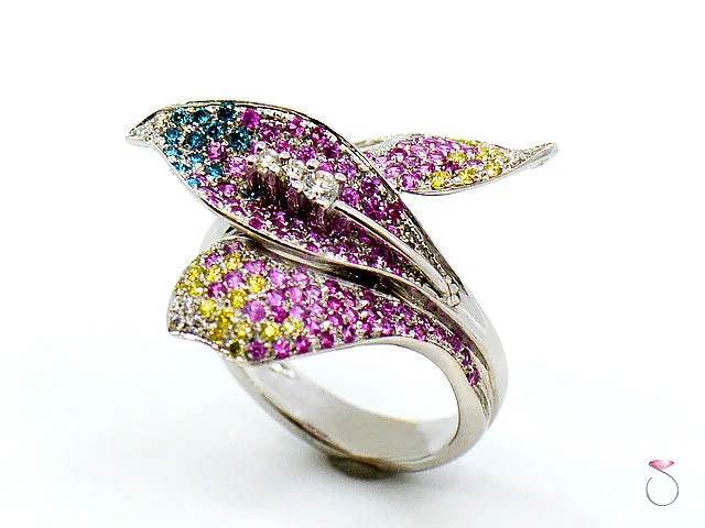 kite-shaped ladies ring-Pink Sapphire & Multi Color Diamond Designer Floral 18K Ring