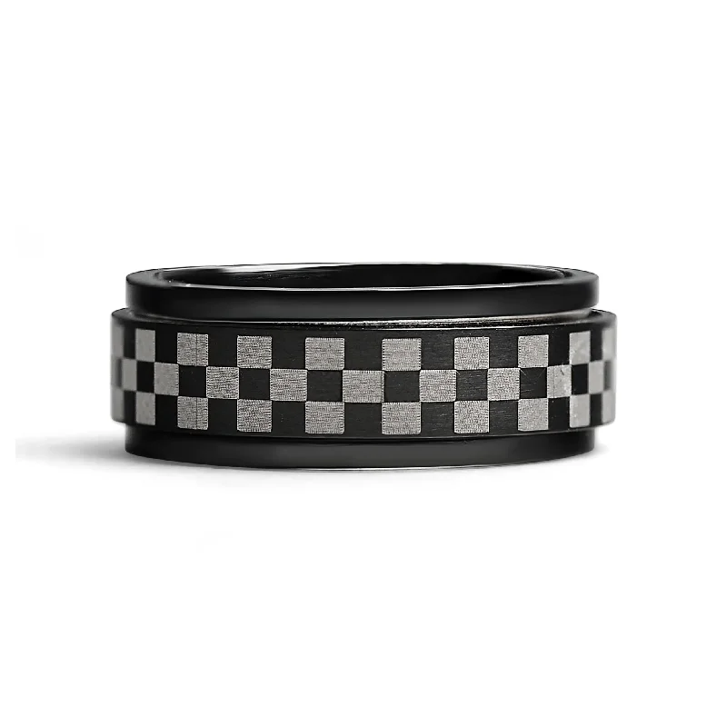 double halo ladies ring-Stainless Steel Black Checker Spinner Ring / STC010