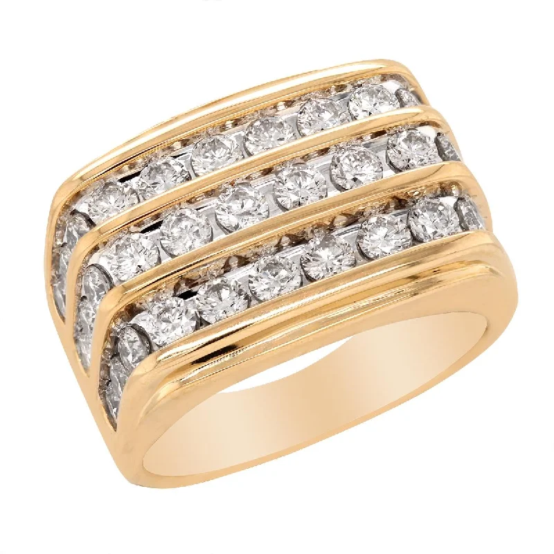 platinum ladies ring-MEN'S YELLOW GOLD FASHION RING WITH 3 ROWS OF CHANNEL SET DIAMONDS, 3.00 CT TW