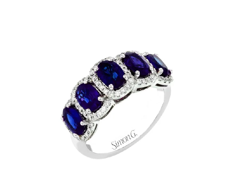 luxury designer engagement ring for women-Oval Sapphire and Round Diamond Ring in 18K White Gold, Size 6.25