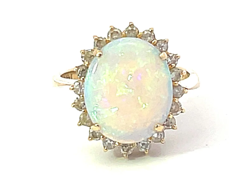 bridal stack ladies ring-Opal and Diamond Halo Ring in 14k Yellow Gold