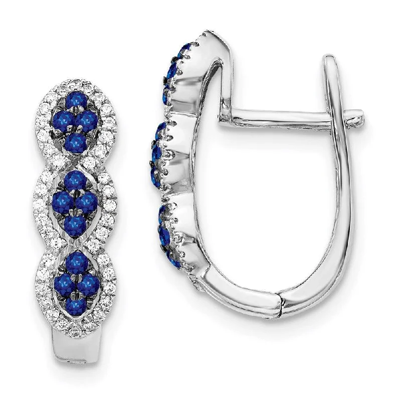 oval halo ladies earrings-14k White Gold Diamond and Blue Sapphire Earrings