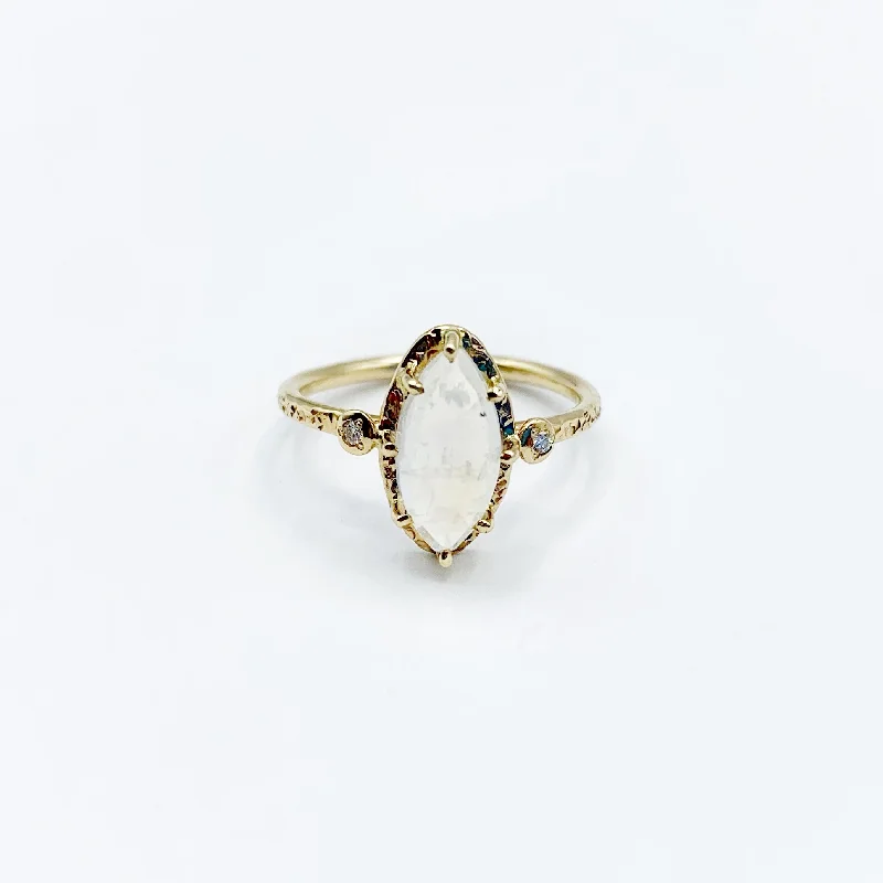 solitaire ladies ring-Marquise Moonstone Set in 14 Karat Yellow Gold with 2 Diamonds