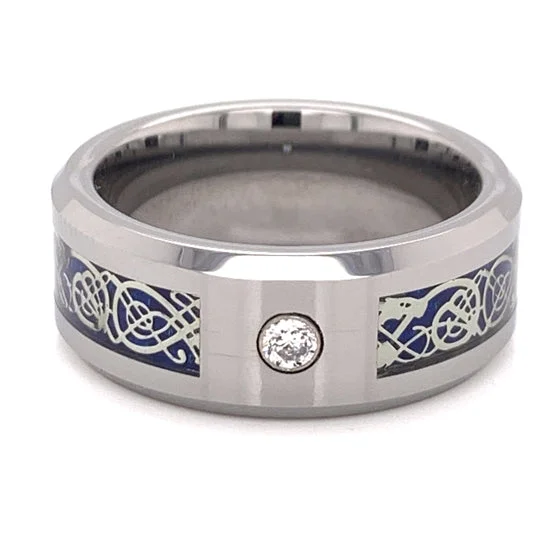 eco-friendly lab-grown ladies ring-Blue Decorative Center With Clear CZ Stone Tungsten Comfort Fit Ring  / TGR1014