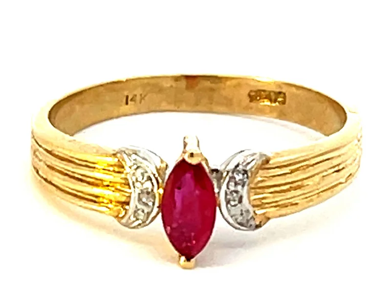 old European cut ladies ring-Red Ruby and Diamond Band Ring in 14k Yellow Gold