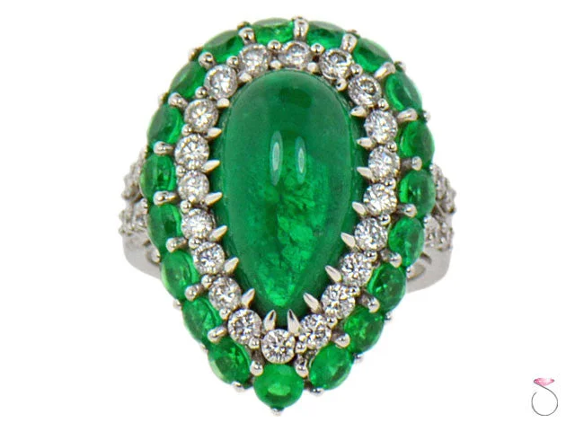 rose gold ladies ring-5.82ct Pear Shape Colombian Emerald & Diamond Double Halo Ring in 18K