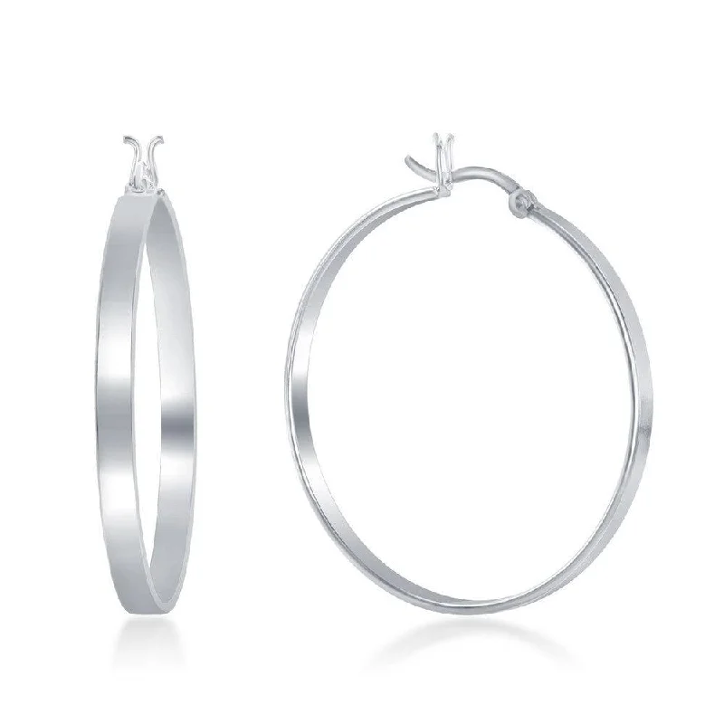 oval halo ladies earrings-Sterling Silver Rhodium Plated Flat Hoop Earrings, 4 x 40 mm