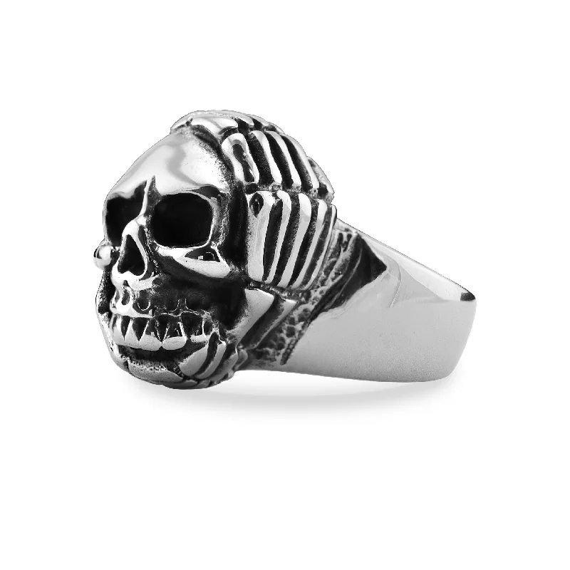 radiant-cut ladies ring-Skull With Skeleton Hands Stainless Steel Ring / SCR4069