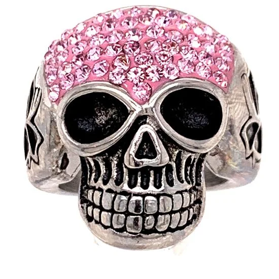 art deco ladies ring-Skull With Tiny Pink Accent CZ Stones Stainless Steel Ring / SCR3100