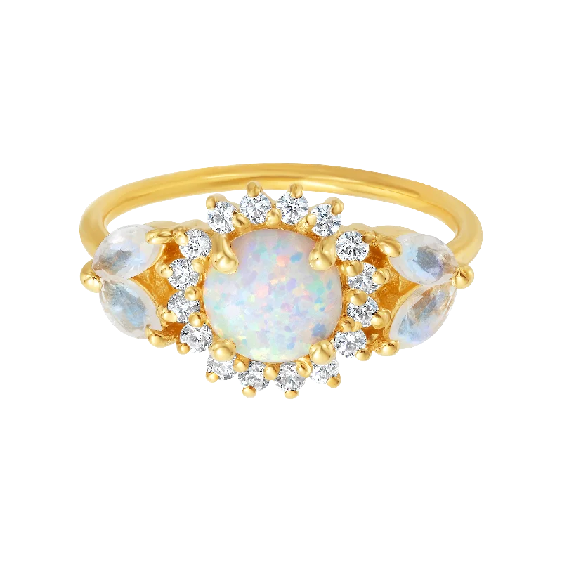 mother-of-pearl ladies ring-Opal & Diamond Sunflower Queen Ring