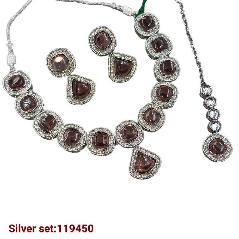 floral pattern ladies necklace-Padmawati Bangles Silver Plated Crystal Stone Necklace Set