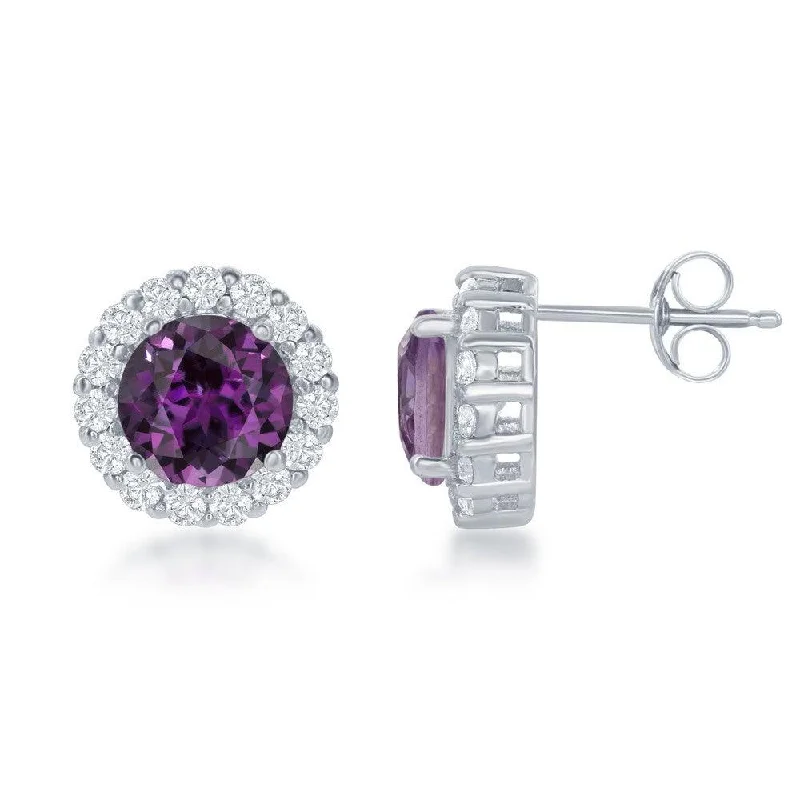 oval-shaped ladies earrings-Sterling Silver Round Center Amethyst with White Topaz Large Stud Earrings