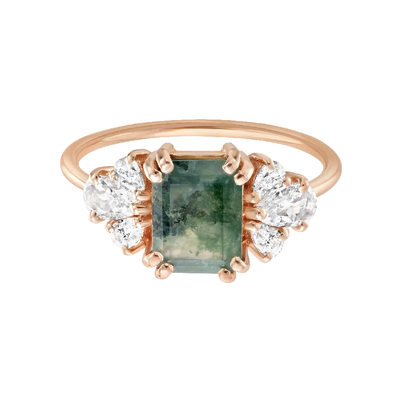 statement ladies ring-Rose Gold Moss Agate & Diamond Empress Ring