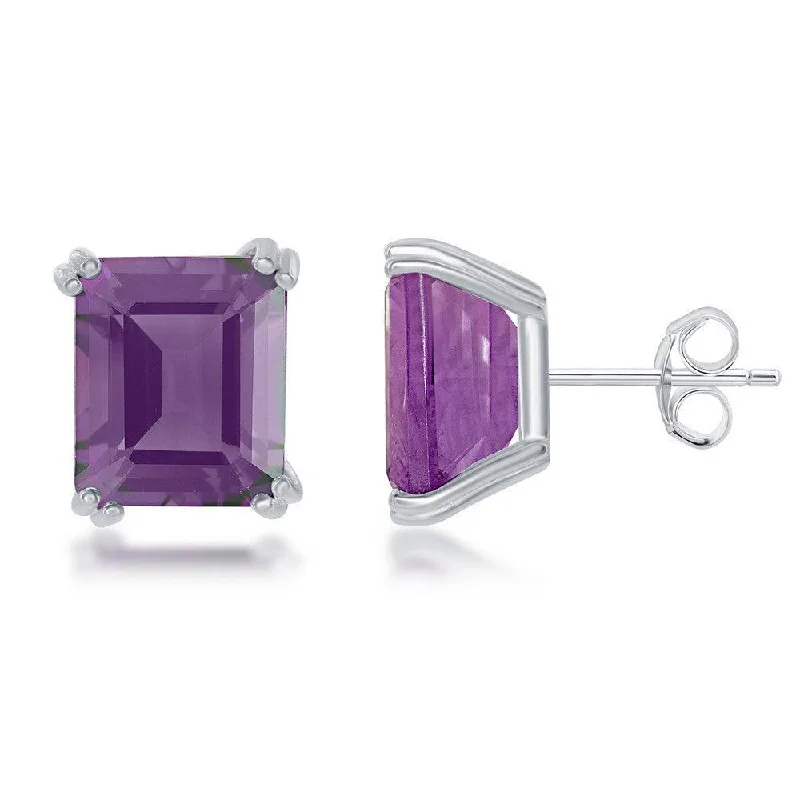 modern geometric ladies earrings-Sterling Silver Rectangle Amethyst Prong Set Stud Earrings