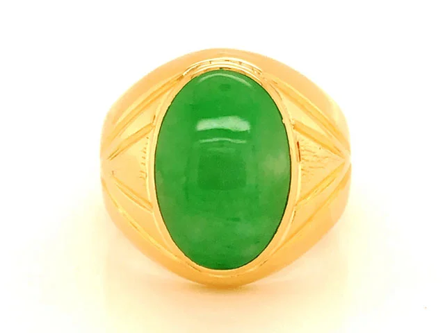 brushed metal ladies ring-Oval Cabochon Green Jade Mens Pinky Ring -14k Yellow Gold