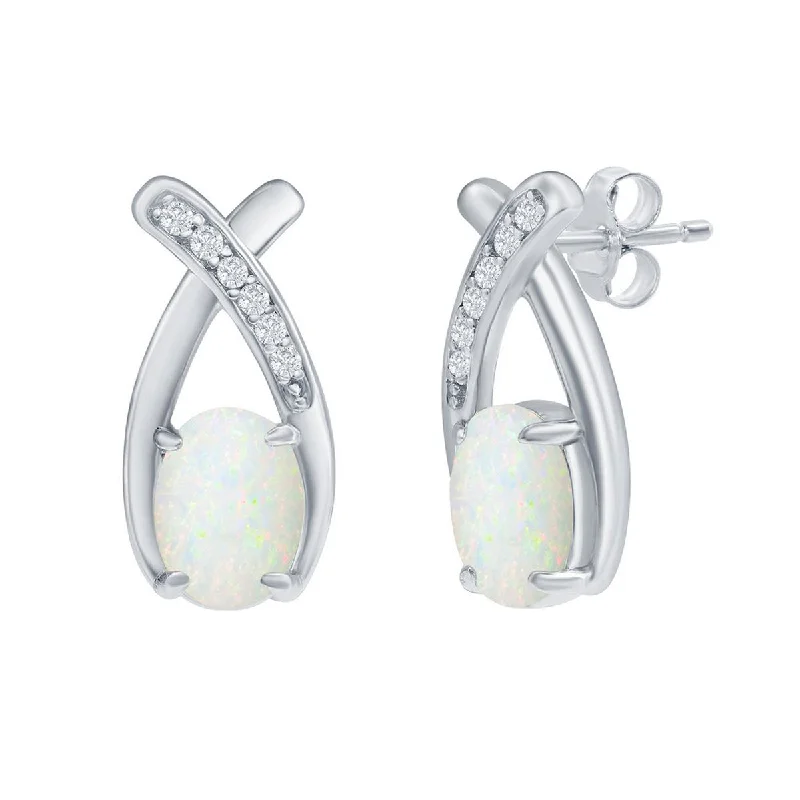 rose quartz ladies earrings-Opalata Women's Earrings - Sterling Silver Oval White Opal with CZ Post Back | D-8171