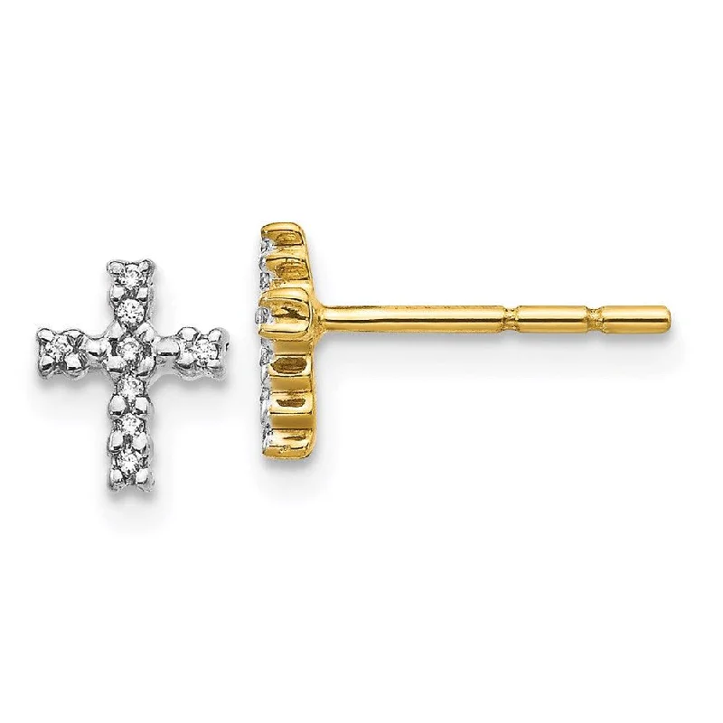 small diamond stud ladies earrings-14k Yellow Gold & Top Surface Rhodium-plated Diamond Cross Post Earrings