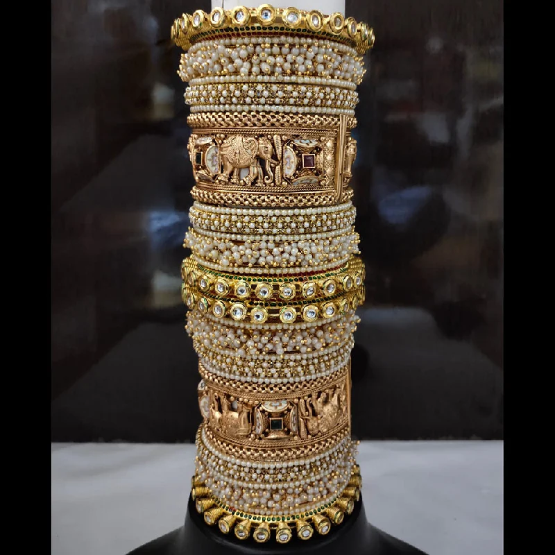 oversized chunky ladies bracelet-Lucentarts Jewellery Gold Plated Kundan And Pearl Bangles Set