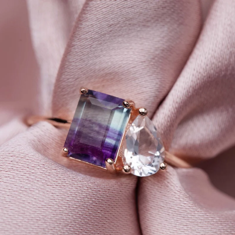 non-traditional ladies ring-Rose Gold Fluorite & Topaz Moi and Toi Fairy Kiss Ring