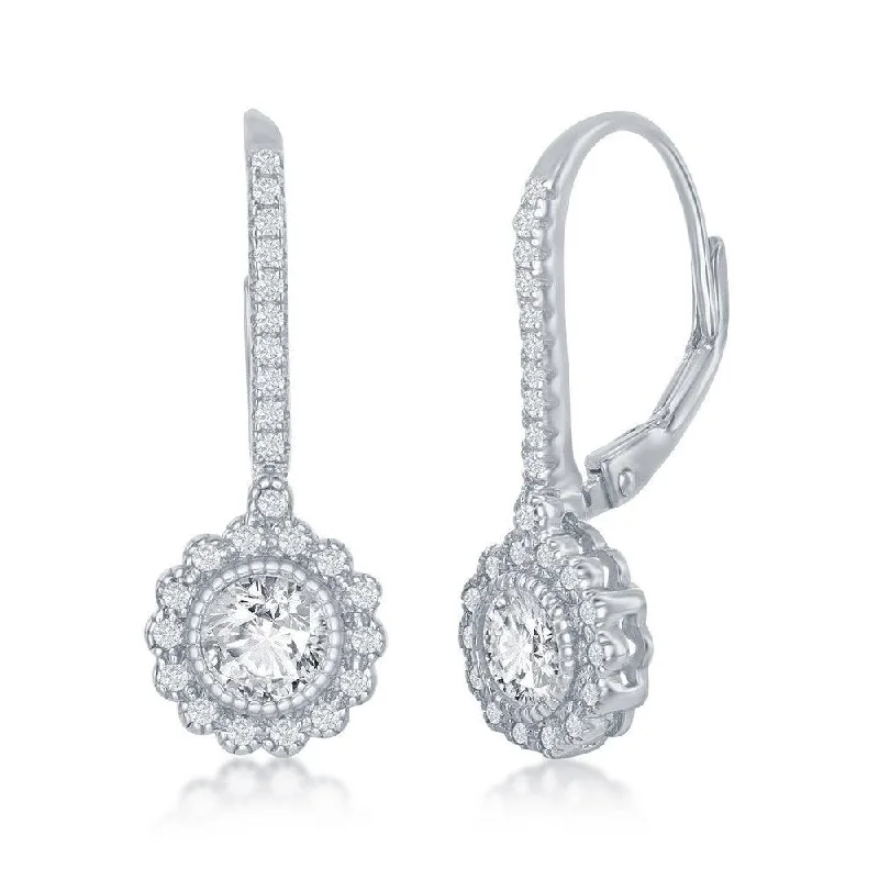 two-piece set ladies earrings-Sterling Silver CZ Flower Design Dangling Earrings