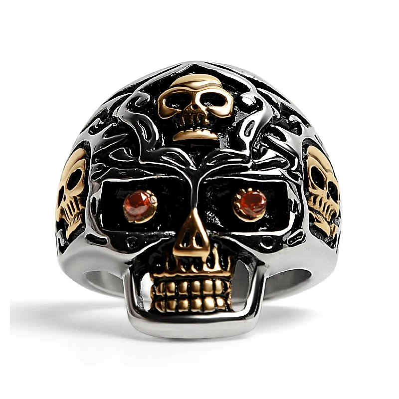 east-west setting ladies ring-Stainless Steel 18K Gold PVD Coated Red CZ Eyed Filigree Skull Ring / SCR4003