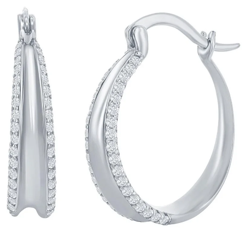 double hoop ladies earrings-Classic Women's Earrings - Sterling Silver Double CZ Hoop Hinged Closure | D-7849