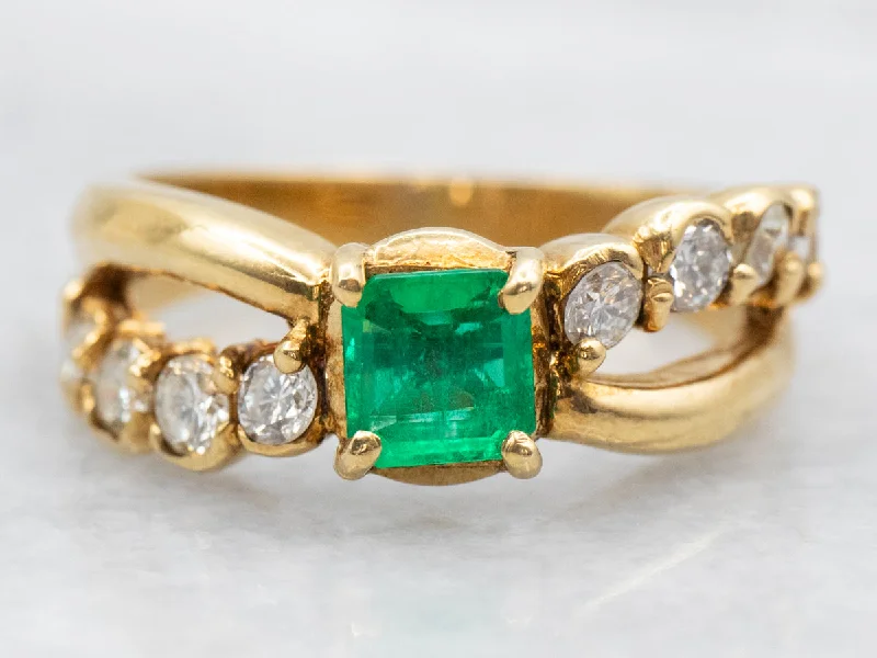 cushion-cut engagement ring for women-Modern 18K Gold Emerald and Diamond Ring