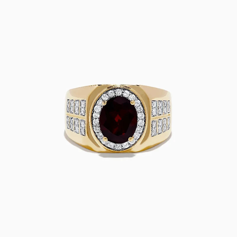 celestial moon and star engagement ring for women-Men's 14K Yellow Gold Garnet and Diamond Ring