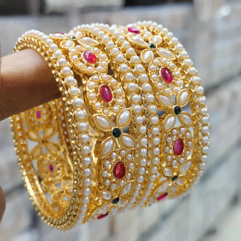 gemstone-accented ladies bracelet-Pooja Bangles Gold Plated Kundan Stone And Pearls Bangles Set