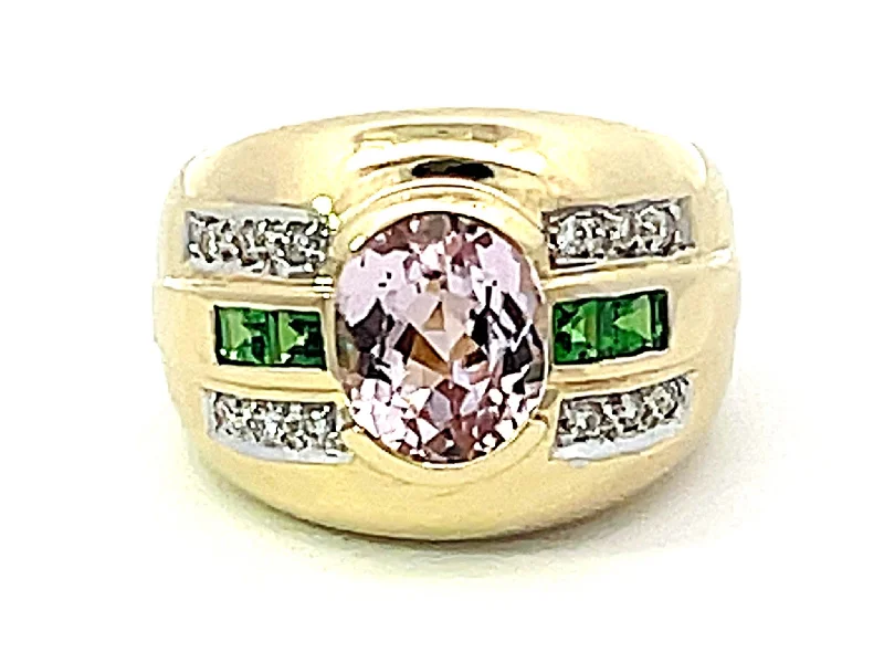 twisted band ladies ring-Pink Kunzite Green Tsavorite Garnet Diamond Cigar Band Ring in 14k Yellow Gold