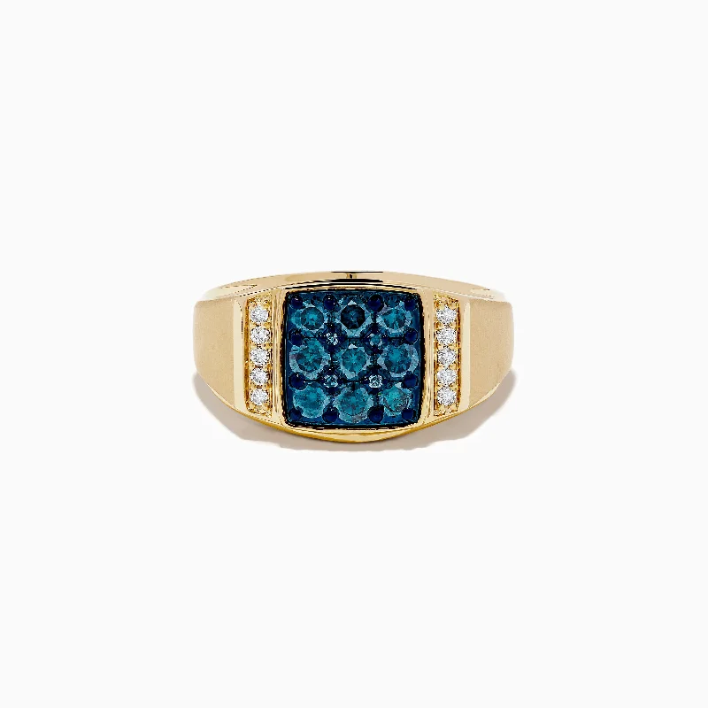 emerald-cut engagement ring for women-Men's 14K Yellow Gold Blue and White Diamond Ring