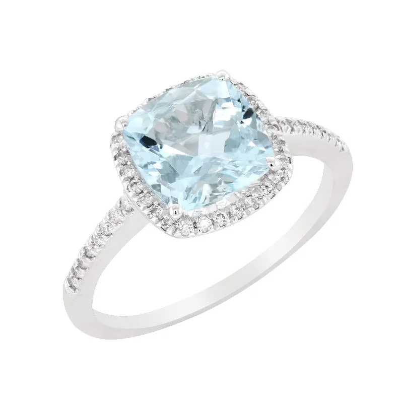 intricate band ladies ring-WHITE GOLD FASHION RING WITH CUSHION AQUAMARINE AND ROUND DIAMONDS, .18 CT TW