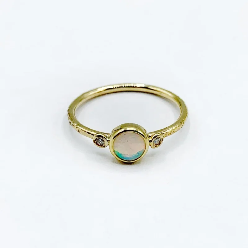 three-stone ladies ring-Graceful Opal with Diamond Companions