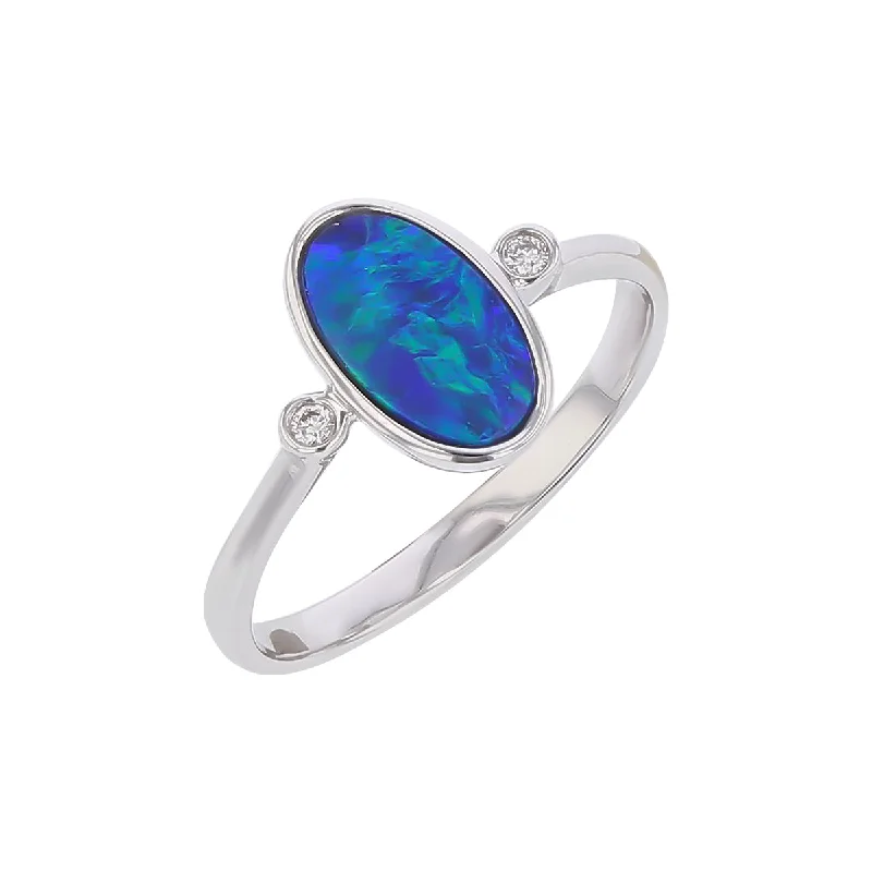 unique handcrafted engagement ring for women-Oval Opal Doublet and Diamond Ring in 14K White Gold, Size 6.75