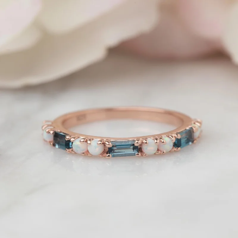 east-west setting ladies ring-Rose Gold London Blue Topaz & Opal Midnight Crossing Band