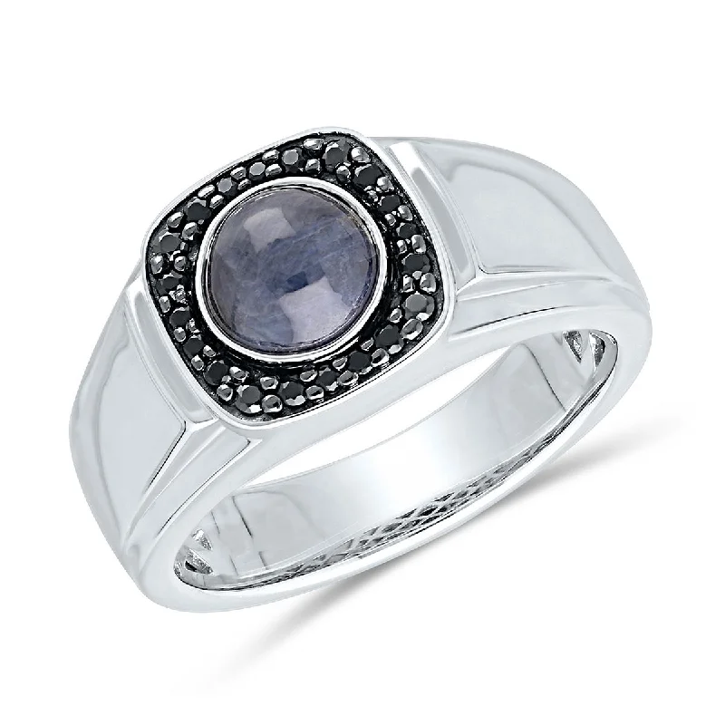 pear and marquise ladies ring-MEN'S WHITE GOLD FASHION RING WITH OVAL SHAPED CABOCHON SAPPHIRE AND BLACK DIAMOND HALO, .19 CT TW