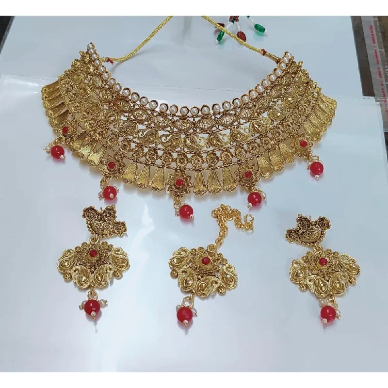 layered chain pearl ladies necklace-Akruti Collection Gold Plated Crystal Stone Necklace Set