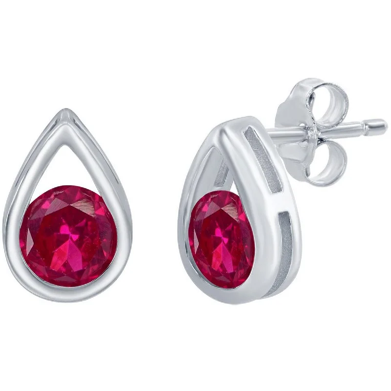 asymmetrical ladies earrings-Classic Women's Earrings - Sterling Silver Pearshaped with Round Ruby Stud | D-8165