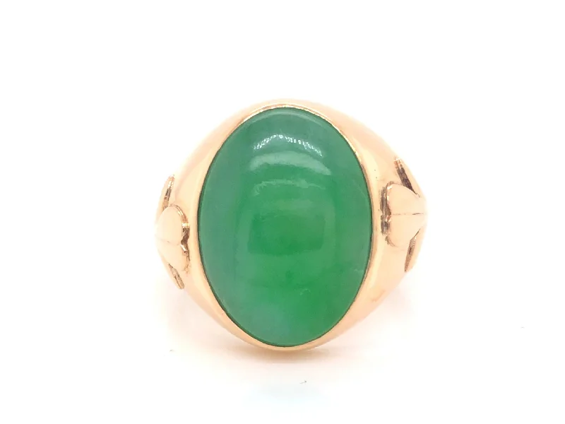 celestial theme ladies ring-Vintage Men's Oval Cabochon Large Green Jade Ring 14k Yellow Gold