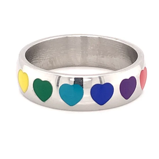 double shank ladies ring-Rainbow Hearts Stainless Steel Ring / RRJ0036