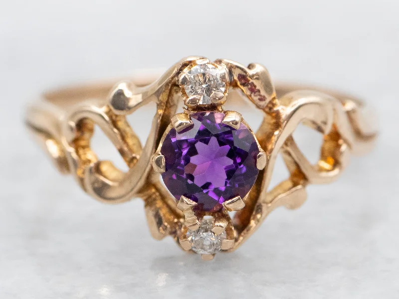 filigree engagement ring for women-Gold Amethyst and Diamond Ring