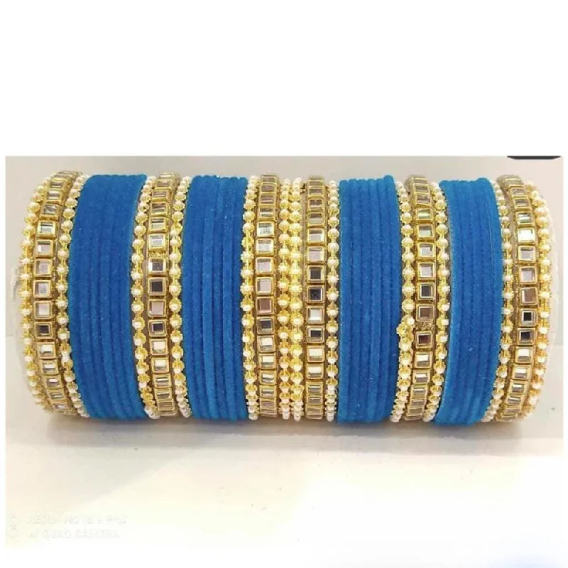 sapphire gemstone ladies bracelet-Pooja Bangles Gold Plated Velvet And Pearl Bangle Set