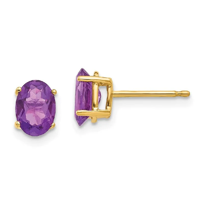 gold ladies earrings-14k 7x5mm Oval Amethyst Earrings