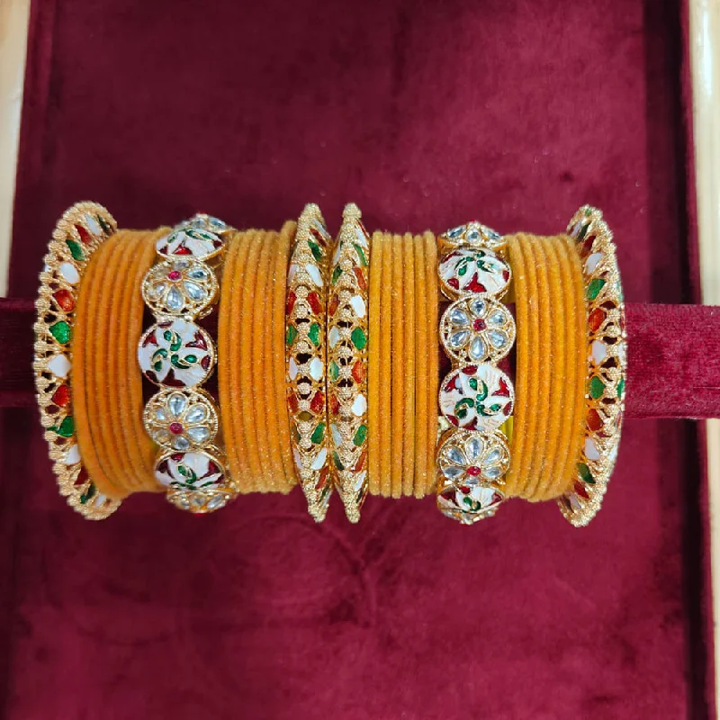 infinity symbol ladies bracelet-Pooja Bangles Gold Plated Kundan Stone And Velvet Bangles Set