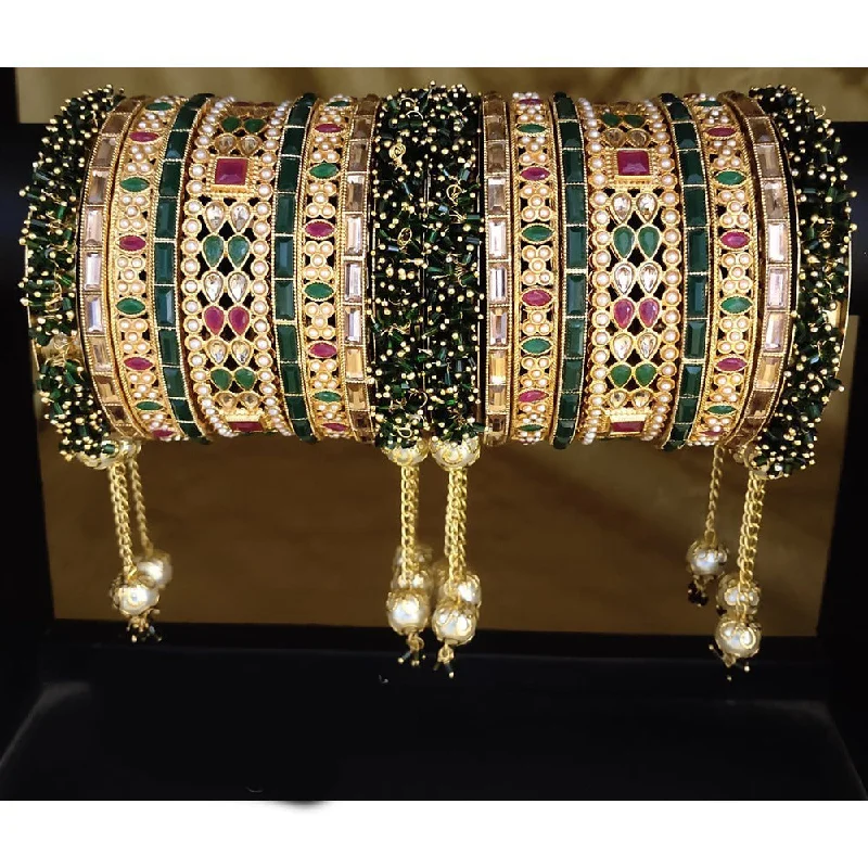 moonstone ladies bracelet-Akruti Collection Gold Plated Pearl And Kundan Bangle Set