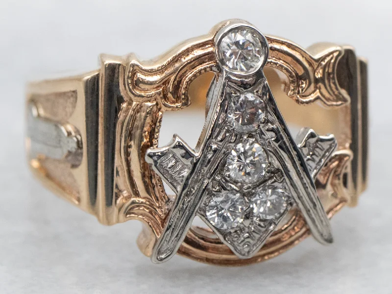 vintage floral engagement ring for women-Vintage Two Tone Gold Men's Masonic Diamond Ring