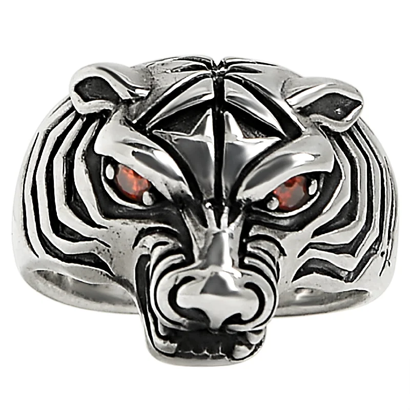 ruby gemstone ladies ring-Sterling Silver Red CZ Eyed Tiger Ring / SSR0015