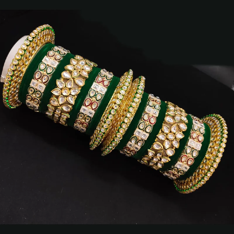 custom engraving ladies bracelet-Lucentarts Jewellery Gold Plated Kundan And Velvet Bangles Set