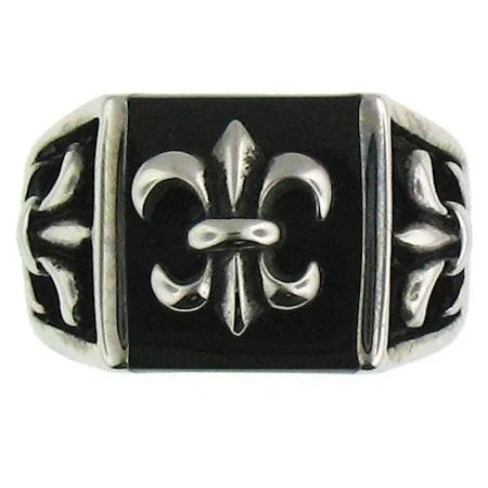 custom engraving ladies ring-Stainless Steel Polished Black Fleur De Lis Signet Ring / SCR3040